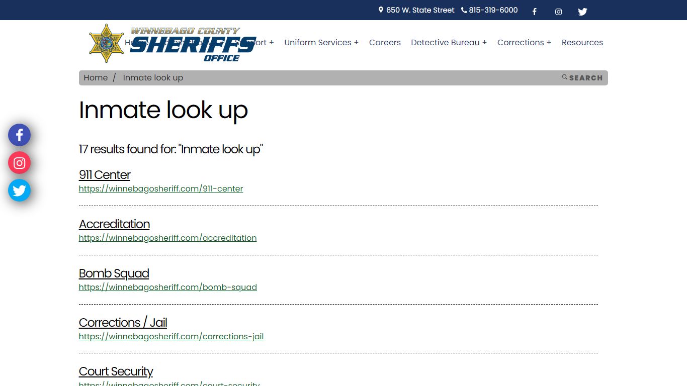Winnebago Sheriff Inmate look up Information